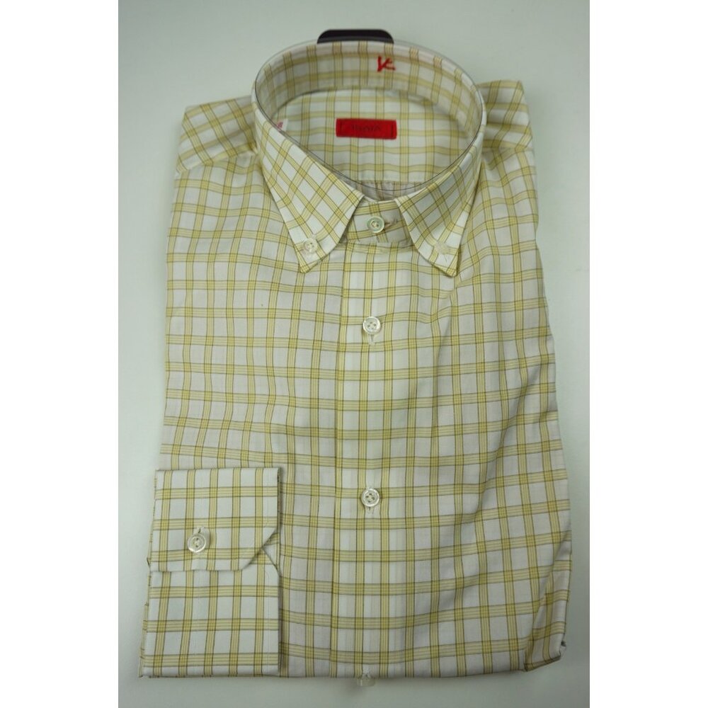 Isaia Napoli Yellow White Plaid Long Sleeve Cotton Dress Shirt 15.5/39 NEW